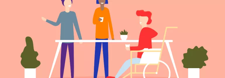 Illustration of diverse group sitting at table with plants.