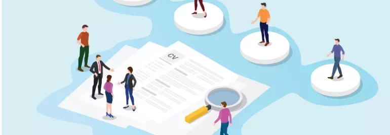 Illustration of people standing on a large CV, discussing job applications.