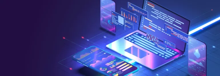 Illustration of a laptop and smartphone with floating digital charts and graphs on a blue-purple background.