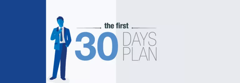 Illustration of a man with text 'The First 30 Days Plan'.