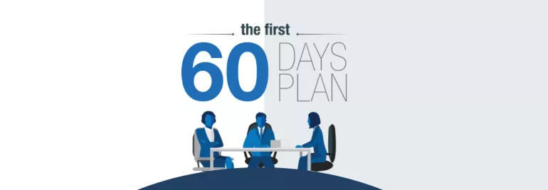 Illustration of 'The First 60 Days Plan' with three people around a table.