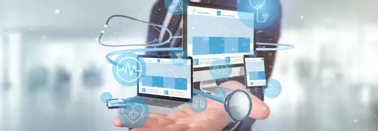 Hand holding digital medical interface with a stethoscope and health icons.