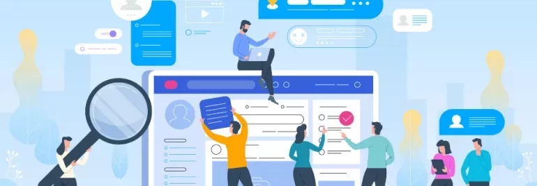 Illustration of people interacting with digital interfaces and documents.