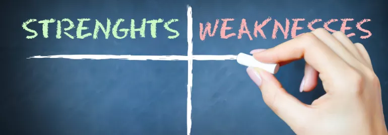 Hand holding chalk writing 'STRENGHT'S' and 'WEAKNESSES' on a board.