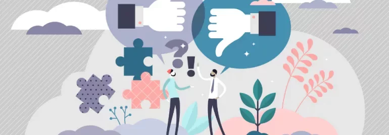 Illustration of two people discussing with thumbs up and thumbs down symbols.