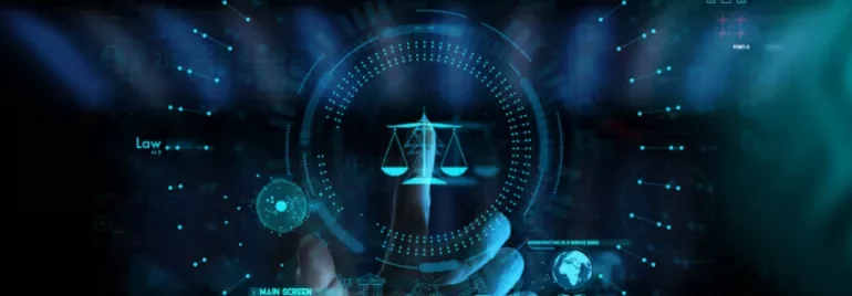 Futuristic digital interface with scales of justice in the center.