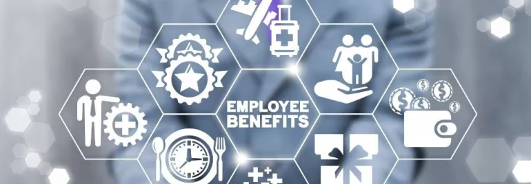 Hexagons displaying icons of various employee benefits like healthcare and rewards.