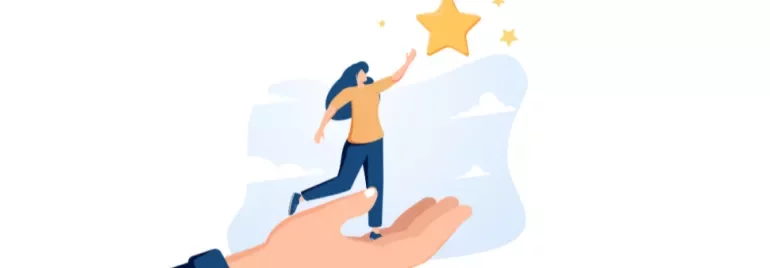Illustration of a person reaching for a star while standing on a giant hand.