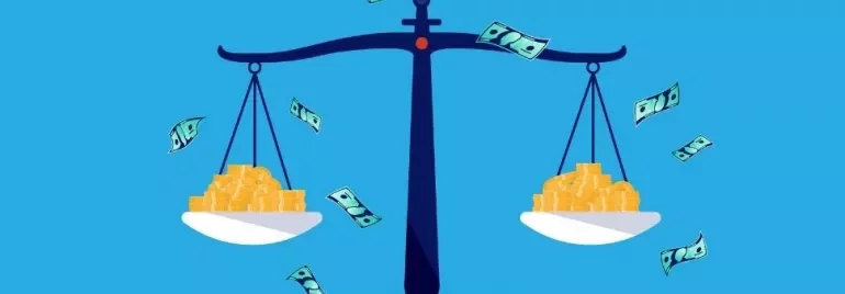 Illustration of scales balancing coins and flying banknotes on a blue background.
