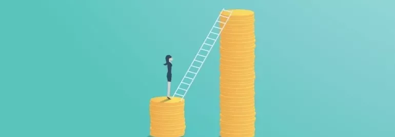 Woman on coins faces ladder leaning on taller stack of coins.