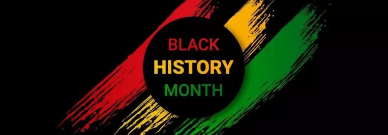 Abstract design with 'Black History Month' text in red, yellow, and green on a black background.