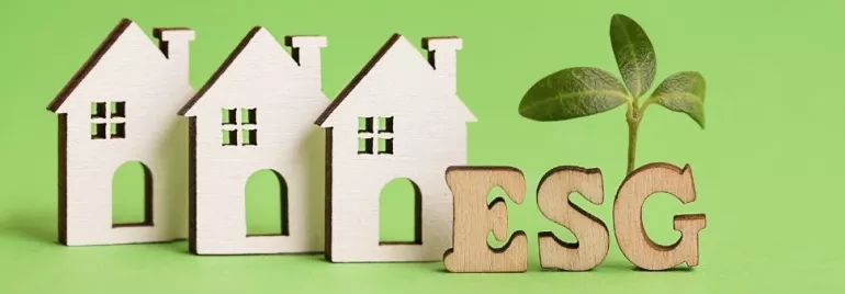 Wooden houses and ESG text with green plant on green background