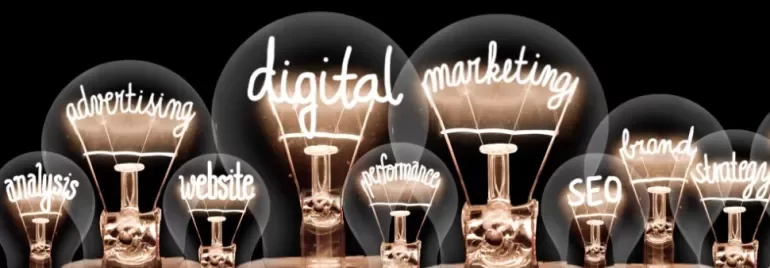 Light bulbs with words: advertising, analysis, website, digital, marketing, performance, SEO, brand, strategy.