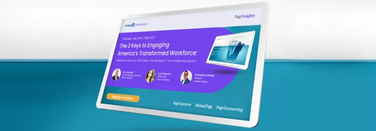 Tablet displaying event details on America's workforce engagement strategies.
