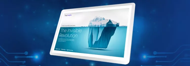 Digital screen displaying an iceberg graphic, titled 'The Invisible Revolution', against a blue tech-themed background.
