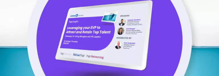 Webinar poster on talent retention strategies, featuring speakers and details.