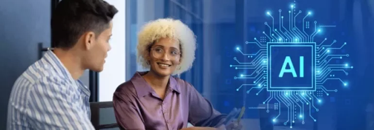 Two people discussing with a digital AI graphic in the background.