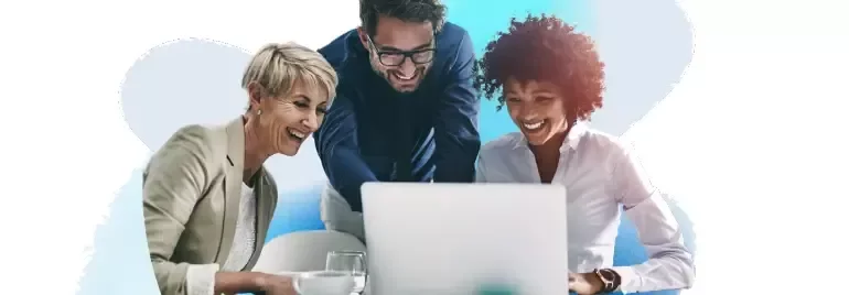three people looking at computer screen 