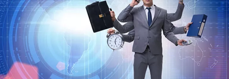 Multitasking businessman with multiple arms holding a briefcase, clock, laptop, files, and phone.