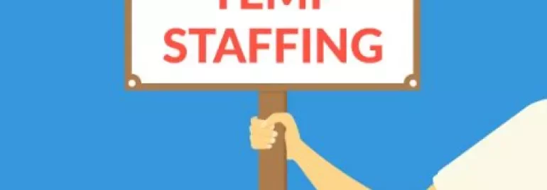Illustration of a hand holding a sign that reads 'Temp Staffing' against a blue background.