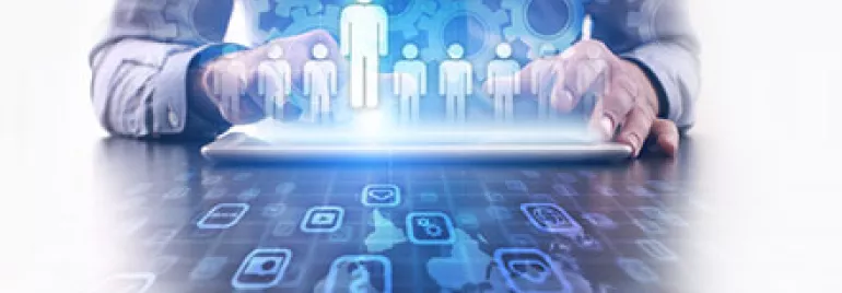 Person using a tablet with recruitment icons and figures, representing hiring and selection.