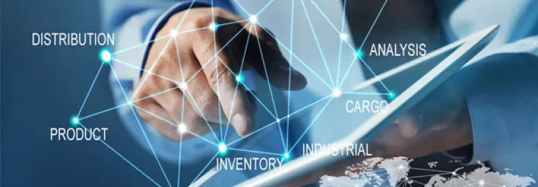 Person using tablet with logistics network overlay, highlighting distribution, manufacturing, and transport.