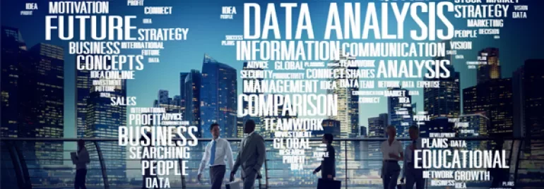 Silhouettes walking with a cityscape background and words like 'Data Analysis' forming a word cloud.