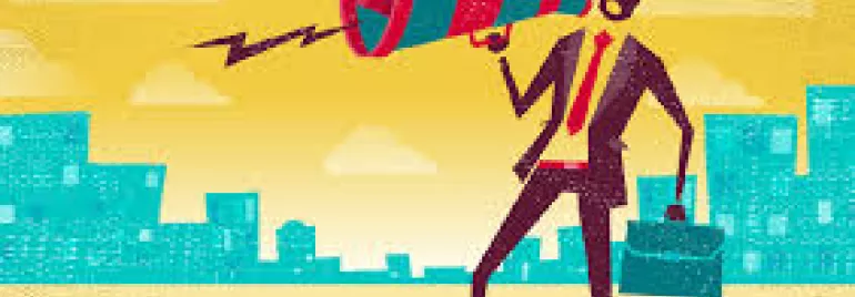 Colorful illustration of a man with a megaphone, standing in a cityscape.