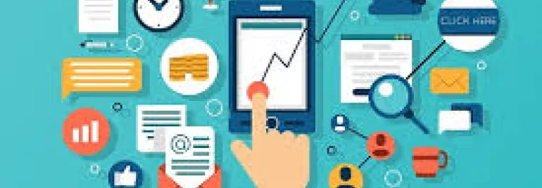 Digital marketing icons surrounding smartphone with analytics graph on screen.