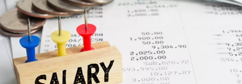 Coins and paperwork with a wooden block labeled 'Salary'.