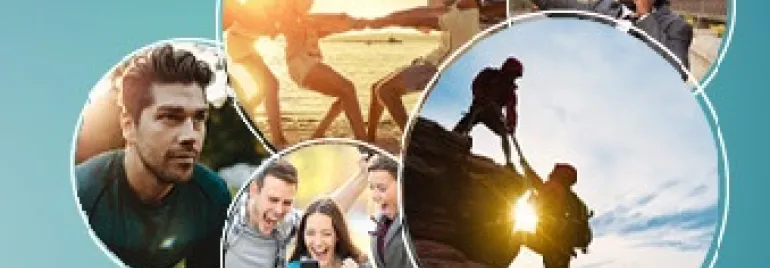 Collage of diverse people enjoying outdoor activities and teamwork.