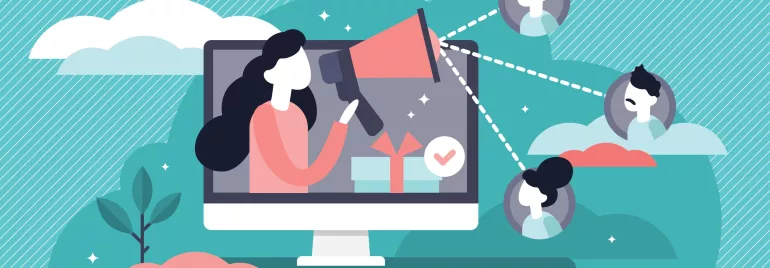 Illustration of person using megaphone on screen with network connections