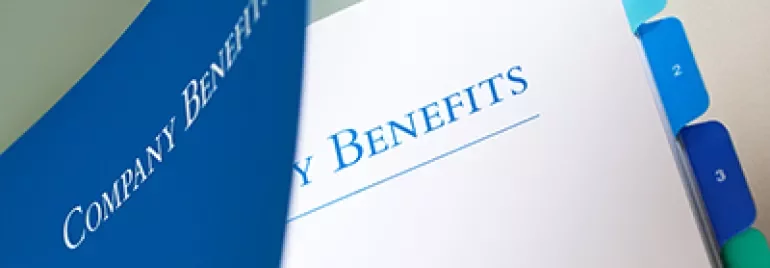 Blue folder labeled 'Company Benefits' with section dividers.