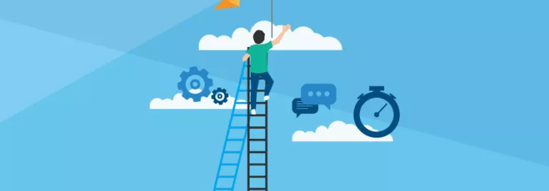 Person climbing ladder to reach flag amidst clouds, gears, chat bubble, and stopwatch on a blue background.