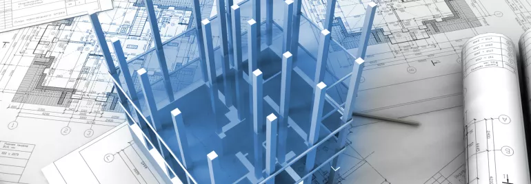 Blueprints with an overlay of a 3D building model.