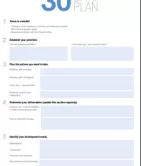First 30 days plan template with sections for goals, actions, and development.