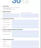 First 30 days plan template with sections for goals, actions, and development.