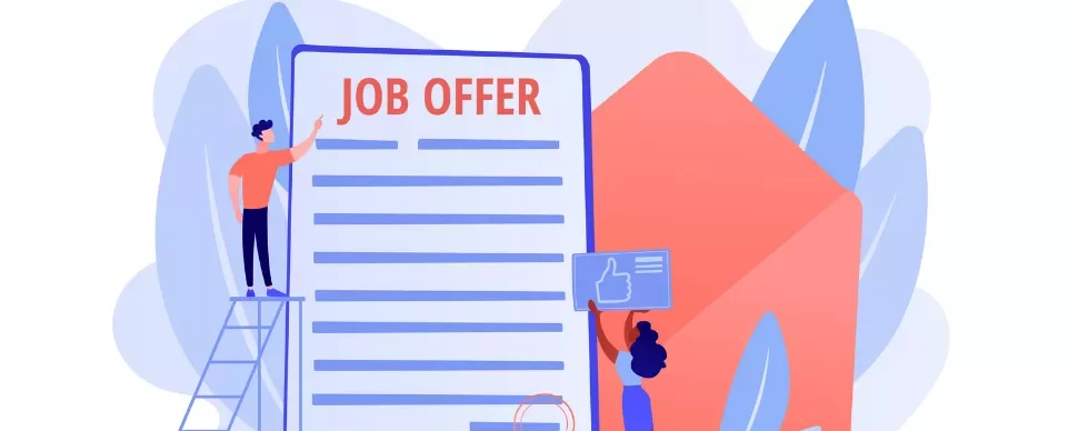 Illustration of two people with a large job offer letter.