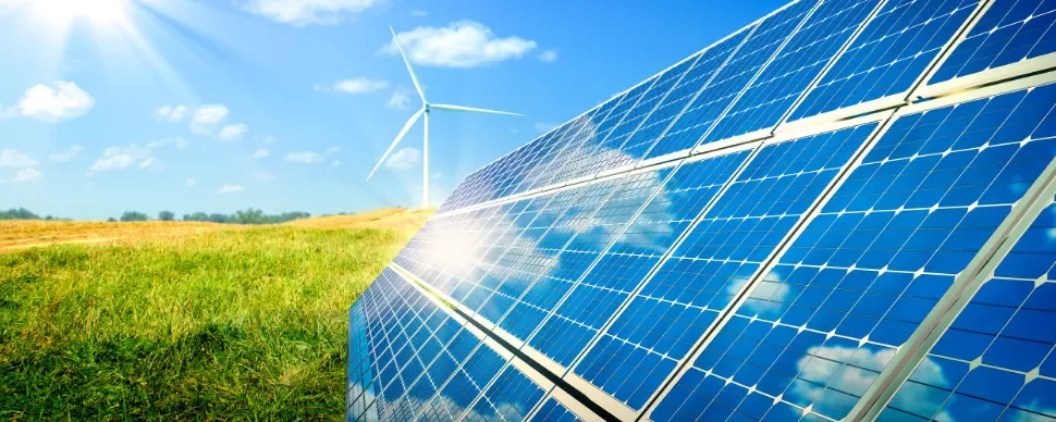 Solar panels and a wind turbine on a sunny day in a field.
