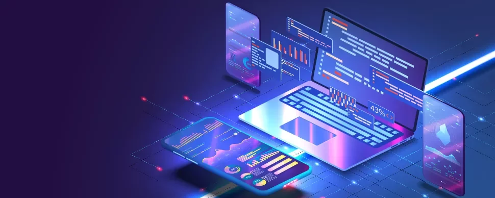 Illustration of a laptop and smartphone with floating digital charts and graphs on a blue-purple background.