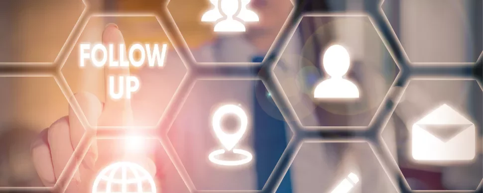 Touchscreen display with follow-up and various icons, including user profile and location.