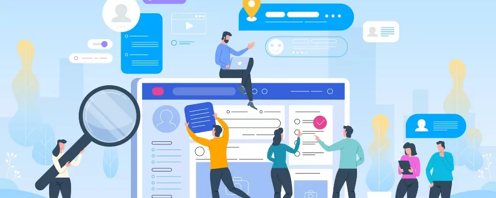 Illustration of people interacting with digital interfaces and documents.
