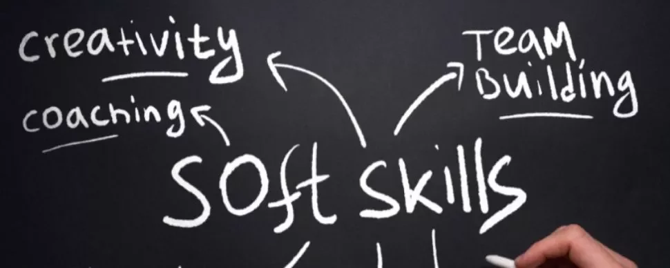 Chalkboard with 'Soft Skills' written in the center, linked to 'creativity,' 'coaching,' and 'team building.'