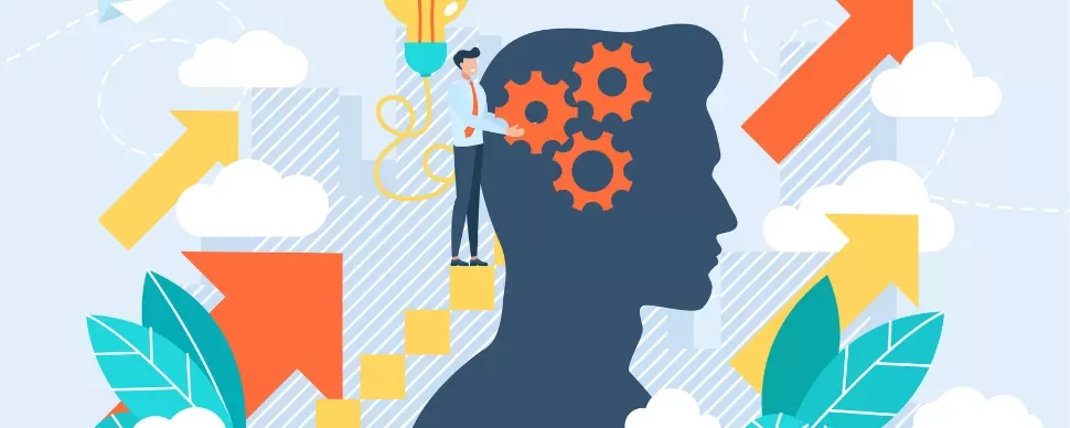 Illustration of a person with gears in their head, surrounded by arrows and clouds.