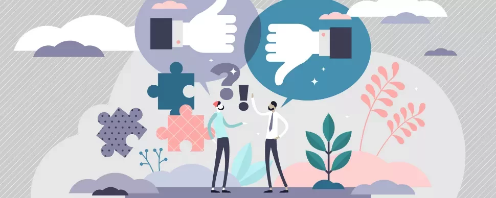 Illustration of two people discussing with thumbs up and thumbs down symbols.