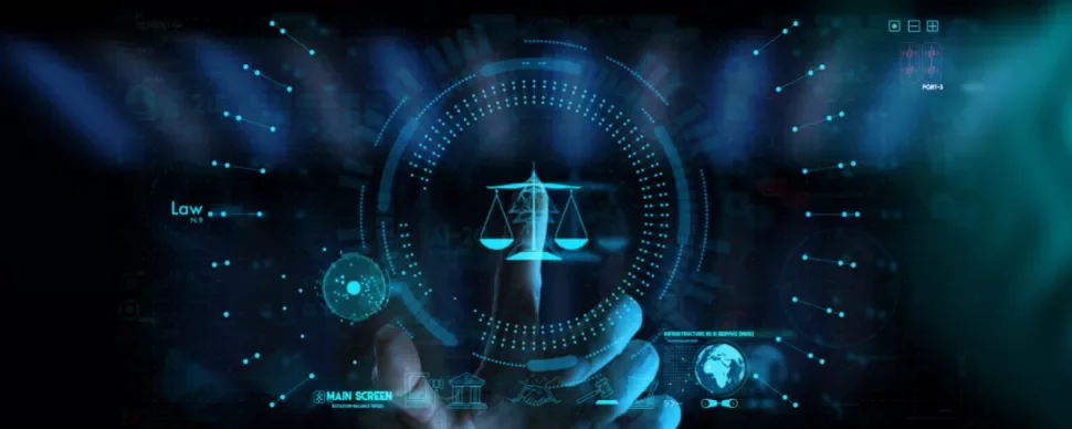 Futuristic digital interface with scales of justice in the center.