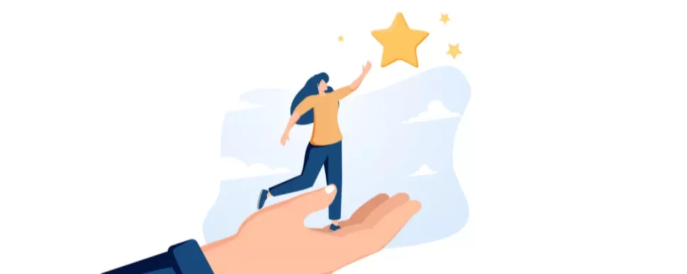 Illustration of a person reaching for a star while standing on a giant hand.