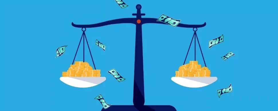 Illustration of scales balancing coins and flying banknotes on a blue background.