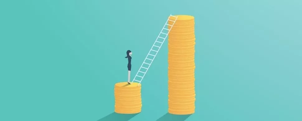 Woman on coins faces ladder leaning on taller stack of coins.