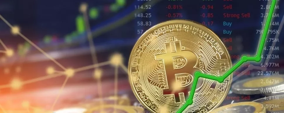 Bitcoin symbol with a rising green trend line on a stock market background.